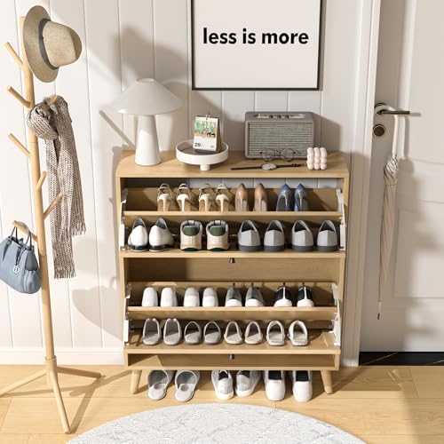 Fsbecl Shoe Storage Cabinet for Entryway with 2 Fluted Flip Drawers, Oak