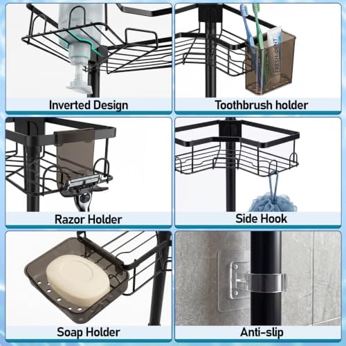 Shower Corner Caddy Organizer for Bathroom, 4-Tier Adjustable Shelves with Tension Pole, No Drilling Shower Rack with Holders for Toothbrush, Soap and Razor, 34 to 125 Inch Height