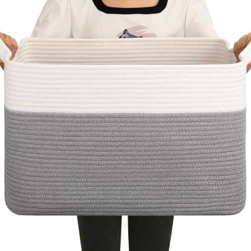 OIAHOMY Large Blanket Basket, 65L Cotton Rope Woven Laundry Basket, Toy Bin for Baby Room, Container for Blanket Storage in Living Room, 20''×16''×12'', Grey & White