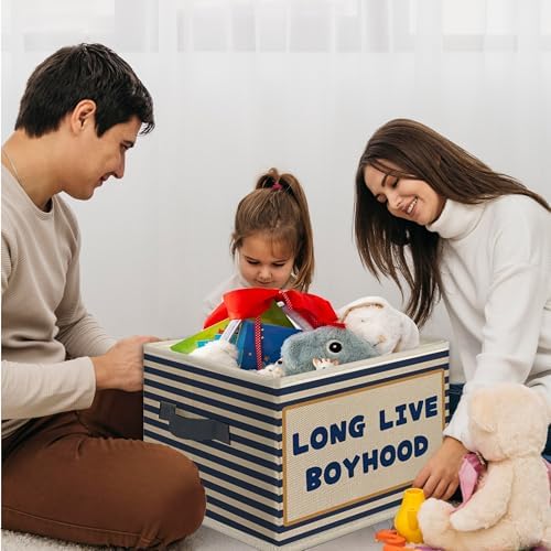 Long Live Boyhood Boys Foldable Storage Bins Box with Handles, Retro Blue Striped Collapsible Toys Books Clothes Organizer Basket for Kids Boy Nursery Room Bedroom Bathroom Playroom
