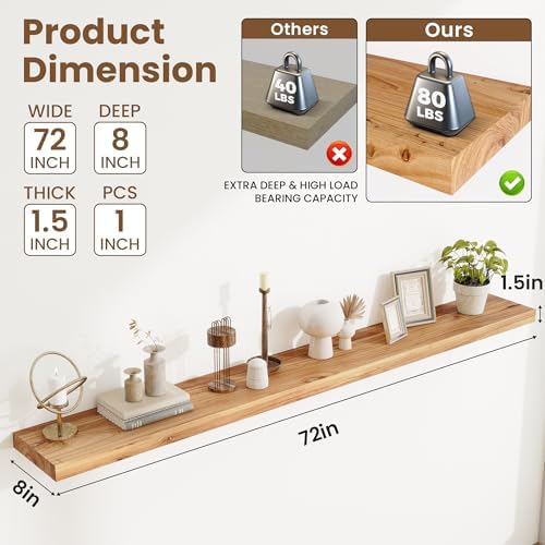 Acovy Extra Deep 72" Long Rustic Solid Wood Floating Shelves for Wall, Wall Shelves with Invisible Bracket for Living Room Bathroom Bedroom Kitchen, Set of 1, Natural