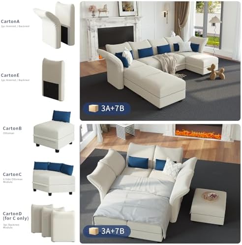 LLappuil Oversized Sleeper Sectional Sofa Couch, 102.2" 9-Seater Bed Shaped Modular Sectional Sofa with Storage Chaise, High Back Recliner Velvet Couches, Anti-Scratch White