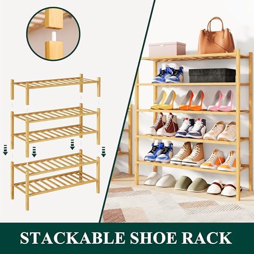 Smiry Bamboo Shoe Rack, 12 Vertical Slats, 5 Tier - 26.8" Wide, Natural