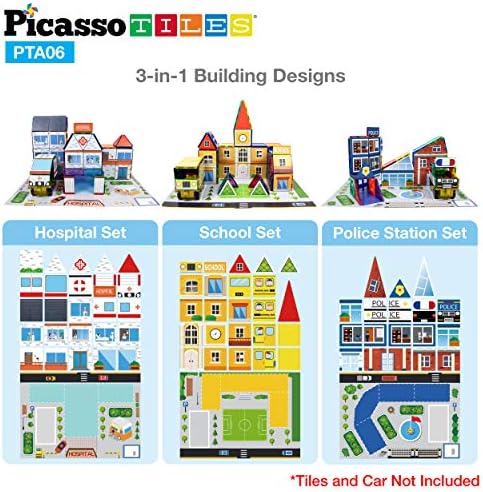 PicassoTiles 80pc School, Hospital, Police Station 3-in-1 Theme Magnet Self Adhesive Backing Stick-On Puzzle Graphic Kit and Overlay Maps for Magnetic Building Blocks STEM Learning Construction Toy
