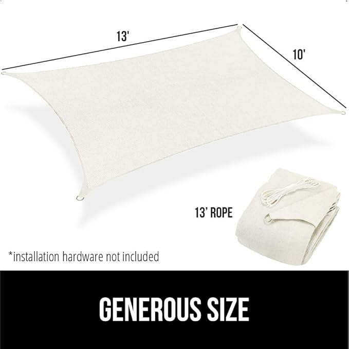 GORILLA GRIP Heavy Duty Sun Shade, UV Protection Fade Tear and Rust Resistant Rectangle Sunshade Canopy, Curved Edges Blocks Sunlight, Breathable Sail, Outdoor Patio, Lawn Garden 10x13 FT Butter Ivory