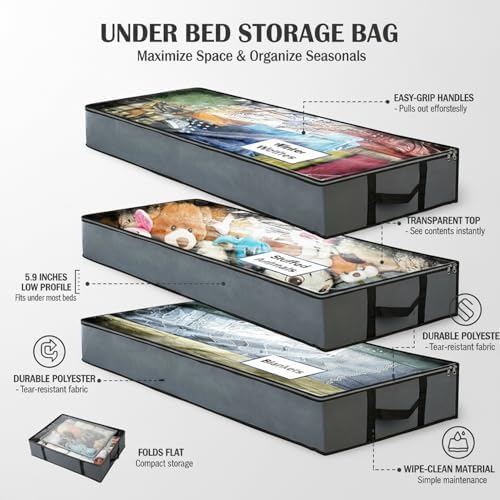 Under Bed Storage Bag with Handles, Foldable Polyester Container for Clothes & Bedding, Low Profile 39.4 x 19.7 x 5.9 Inches, Dark Gray
