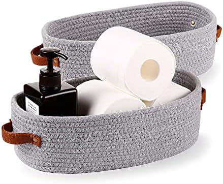 2 Pack Cotton Rope Small Woven Basket,Toilet Paper Basket,Room Storage Basket with Handles for Bathroom, 13"x5.9"x4" Gary