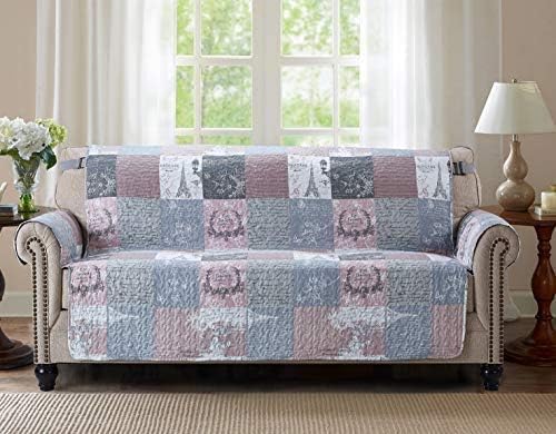 Brilliant Sunshine Latte Grey Paris & Toile Patchwork Couch Cover, 70" seat