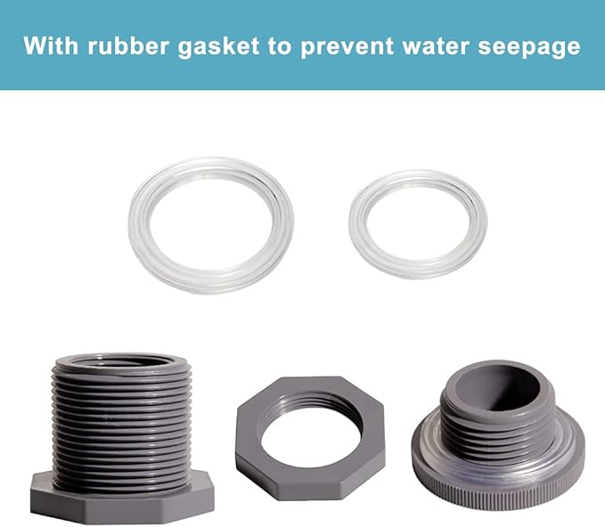 Ququyi 3/4 Inch PVC Bulkhead Water Tank Connector Adapter Fitting with Plugs Thru-Bulk Pipe Fitting for Rain Barrels, Aquariums, Ponds(Set of 3)