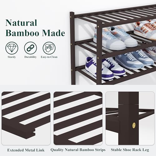 Smiry Bamboo Shoe Rack, 14 Vertical Slats, 3 Tier - 26.8" Wide, Brown