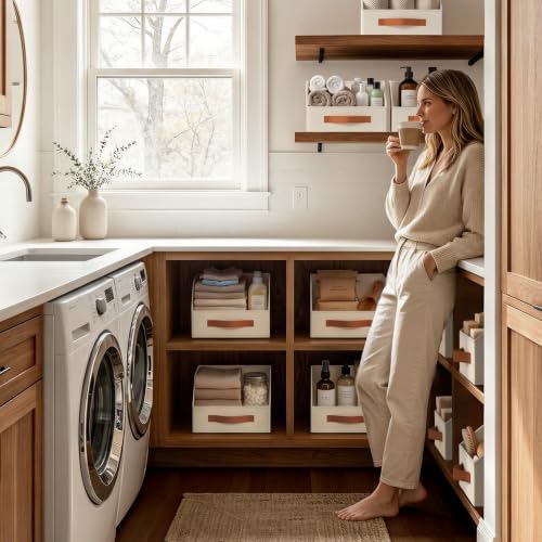 Homsorout Fabric Storage Bins for Organizing - 12 Pack Large Trapezoid Collapsible Storage Bins with Front Handle, Closet Organizers and Storage for Bedroom, Home Shelves, Small Spaces, Beige
