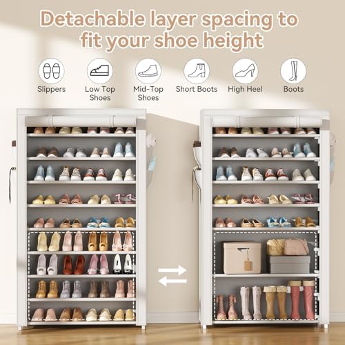 LANTEFUL Shoe Rack with Covers 10 Tier Tall Shoe Rack Organizer Large Capacity Shoe Shelf Storage 40 Pairs Space Saving Free Standing Shoe Storage Organizer for Closet, Entryway, Dorm, White