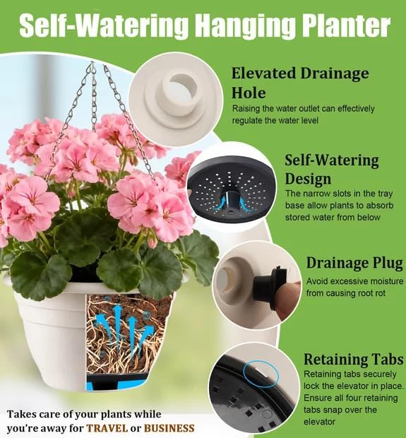 RooTrimmer Hanging Planters 11 Inch, 3 Pcs Flower Pots with Drainage Hole, Self Watering Hanging Basket for Indoor Outdoor Plants, Decor, White