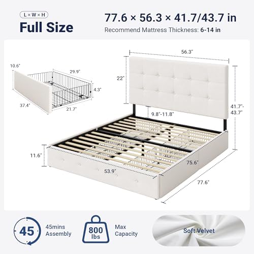 Allewie Full Size Storage Bed Frame with 4 Underbed Drawers, Soft White