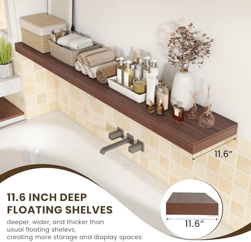 FLYJOE 72 Inch Floating Shelf, 12'' Deep Walnut Shelves for Wall Set of 1