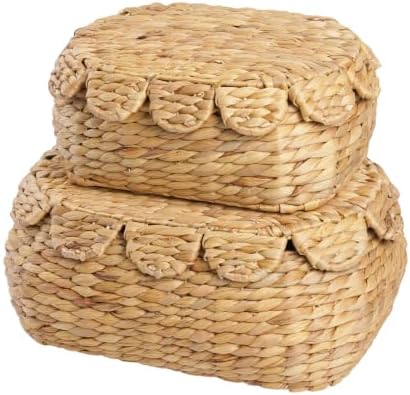 LUSYDECO Set of 2 Wicker Storage Baskets with Lid, Rattan Basket Decorative Boxes, Woven Storage Box Hyacinth Basket with Lids, Small Scalloped Edge Wicker Baskets with Lids