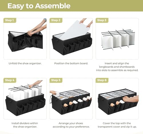Shoe Organizer for Closet, Shoe Storage Solution with Clear Cover & Adjustable Dividers, Fabric Shoe Box Fits 16 +12 Pairs Shoes, Black, 1-Pack