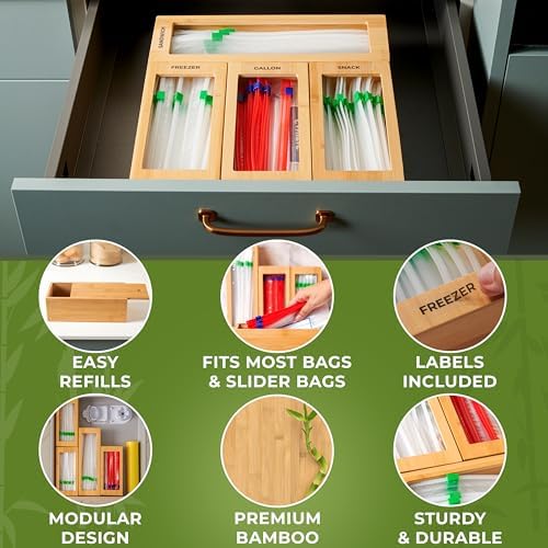 Bamboo Bag Organizer for Drawer, 4 Blocks, Plastic Bag Storage Holder | Kitchen organization with quick refill from the back; labels included; fits gallon, quart, sandwich and snack sizes