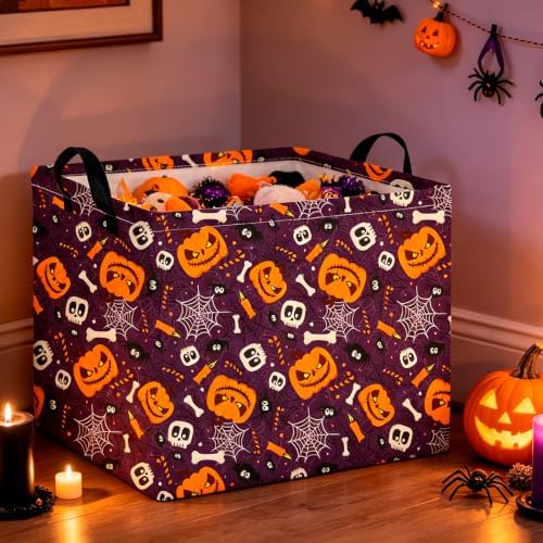 CLOCOR Rectangular Storage Basket,Collapsible Cute Pattern Storage Bin,Waterproof Books Box with Handles,Gift Basket(Big Pumpkin Halloween)