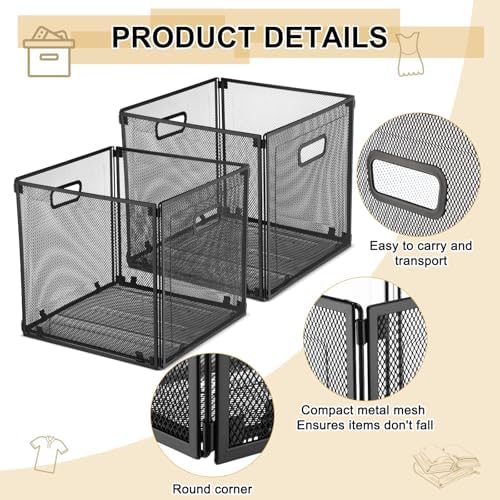 Funnymoom 2 Pcs Black Foldable Metal Wire Basket with Handles 13 x 13 Inch