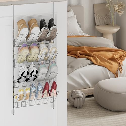 SWTYMIKI Over the Door Shoe Organizer - Adjustable 4 Tier Hanging Shoe Rack Organizer, Metal Heavy Duty Behind Door Storage or Wall Mount Shoes Shelf for Flats, Heels, Sneakers, Boots, Silver