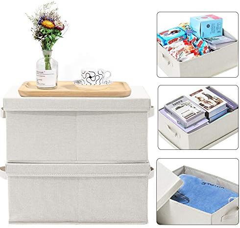 HOONEX Foldable Storage Bins with Lids, 2 Pack, Storage Boxes with Carrying Handles and Sturdy Heavy Cardboard, 16.5" L x 11.8" W x 7.5" H for Shoes, Books, Clothes, Beige