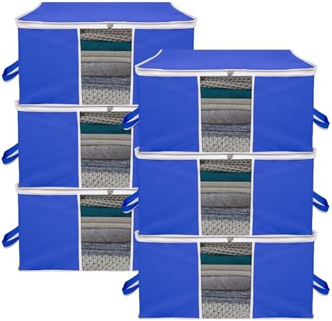 Kuber Industries Non-Woven Underbed Storage Bag|Clothes Storage Organizer|Blanket Cover With Clear Window|Zipper Closure&Handle Cloth Organizer|Plain White Border|Large|Pack Of 6|Royal Blue,32Cm,48Cm