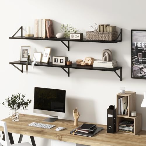 Floating Shelves 55 Inch Long, 10" Deep Floating Shelves, Black Wall Shelves 55 x 10, Set of 2, Wide Large Display Storage Shelves for Bathroom, Living Room, Rustic Wood Shelves with Brackets