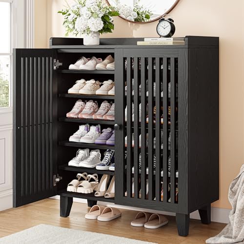 IRONCK Shoe Cabinet with Slatted Doors, 6-Tier Shoe Storage Cabinet, Black