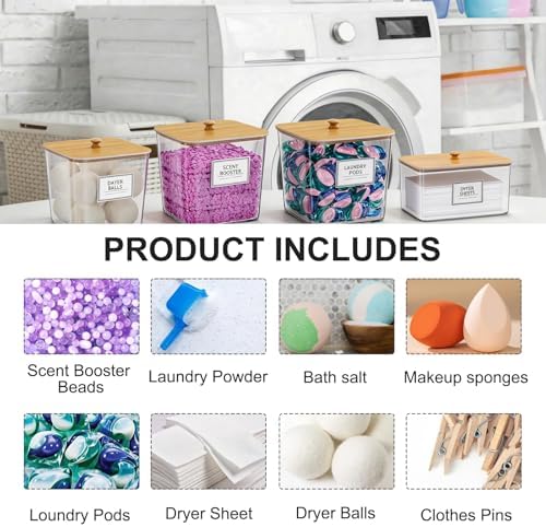 FUSHITON Laundry Pods Storage Container, 4+1 Set Clear Storage Bins with Bamboo Lids for Detergent Pods, Scent Beads & Dryer Sheets, Includes 16 Labels and 3 Measuring Scoops