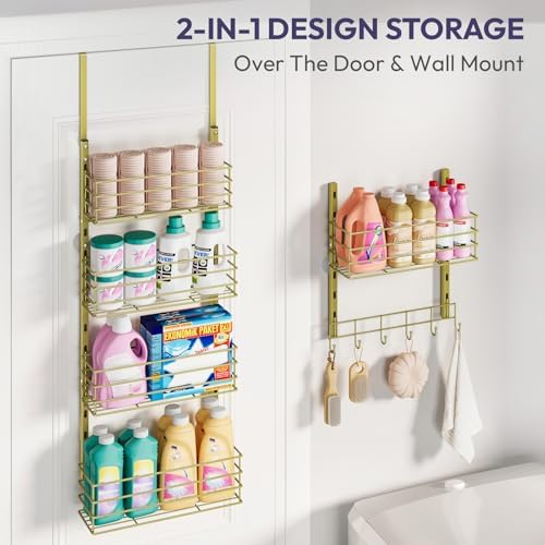SWTYMIKI Over The Door Organizer - Door Organizer Hanging with 5 Adjustable Metal Large Capacity Basket and 6 Coat Hook, Wall Mounted Shelf for Bedroom Closet Bathroom Laundry Pantry Cabinet Kitchen