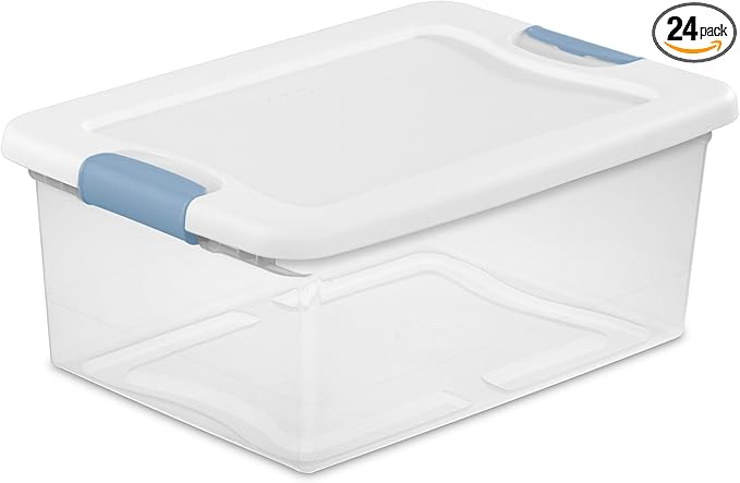 Sterilite Latching Box with Lids for Home and Office, 15 Quart, 24-Pack | Heavy-Duty and Stackable Plastic Containers with Latches for Closet, Cabinet, Bedroom, Bathroom and Dorm Room Organization