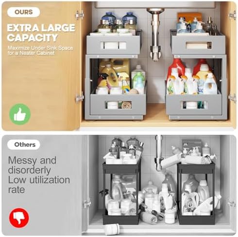 1 Pack 17IN Depth Under Sink Organizer, 2-Tier Pull Out Cabinet Organizer With Smooth Circular Rail, Large Capacity Metal Mesh Sliding Drawers For Bathroom& Kitchen Storage,Height Adjustable-Gun Gray