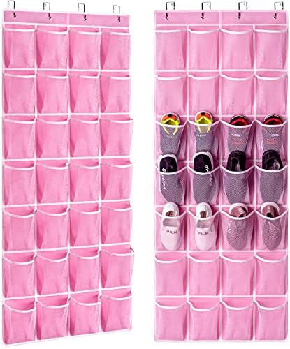 KEEPJOY 28 Pocket Over The Door Shoe Organizer, 2Pack Hanging Shoe Organizer for Door, Hanging Door Shoe Holder Rack with Mesh Pockets Large Size 65 x 23 inch (Pink-2Pack)