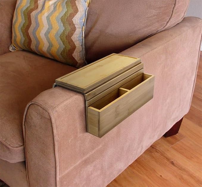 Couch Arm Tray - Bamboo Couch Table Armrest with Side Storage Pockets - Anti-Slip Multifunctional Sofa Snack Organizer for Drinks, Phone, Remote, and More (Natural)