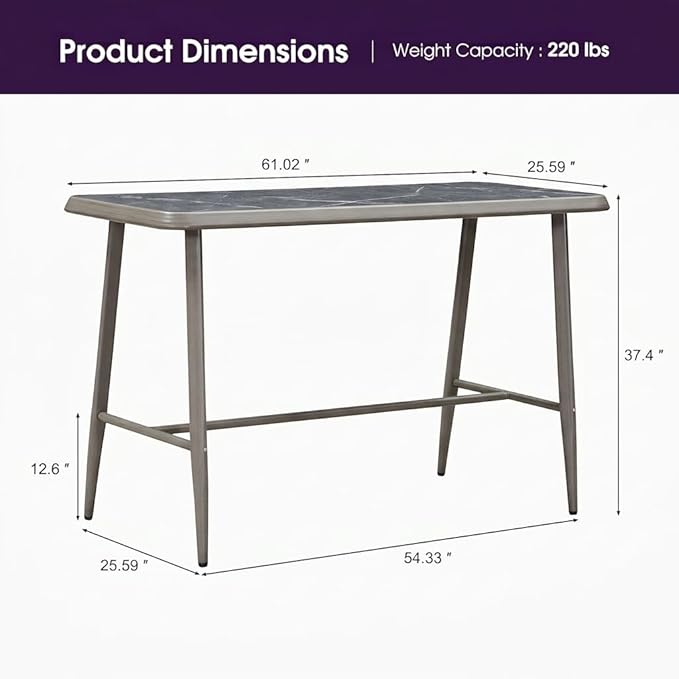 PURPLE LEAF Outdoor Rectangular Counter Height Dining Table Aluminum Kitchen Bar Table for Bar Stool for Backyard Patio Grey