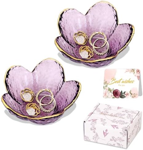 Gifts for Women Purple Flower Jewelry Dish Glass Ring Holder Decorative Jewelry Tray Cute Vanity Room Decor Aesthetic Nightstand Bathroom Decor Trinket Dish Friendship Christmas Birthday Gifts (2pcs)