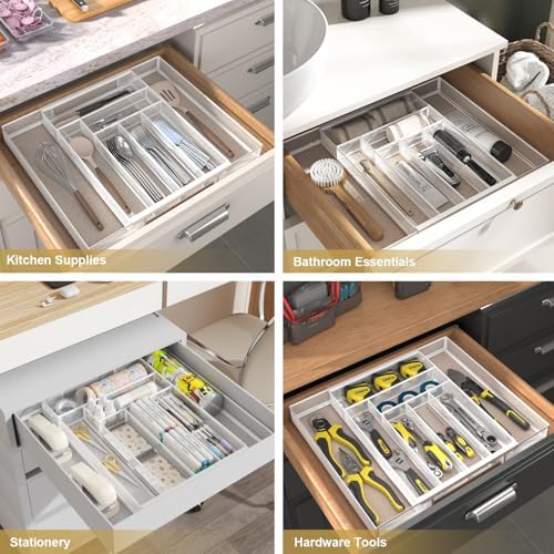 Sedegn Expandable Kitchen Utensil Organizer - 11.6" to 20" Adjustable | Cutlery Tray with 6-8 Compartments - Fits Various Drawer Sizes & Holds Large Ladles Spatulas Forks Spoons & Knives White
