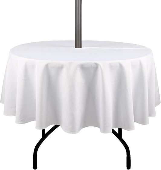 Outdoor Tablecloth Wrinkle-Free Stain Resistant Waterproof Polyester Fabric Table Cover with Zipper Umbrella Hole for Picnic/Party/Dinner/Patio Garden(70inch Round,Zippered,White)