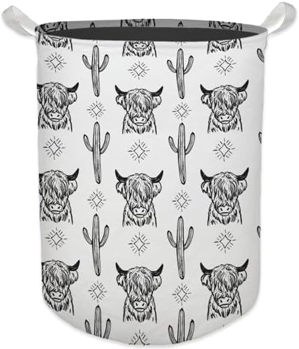 Western Laundry Basket, Retro Highland Cow Cactus Collapsible Laundry Hamper - Waterproof, Dirty Clothes Storage Bin - Perfect for Bathroom, Bedroom, Home Decor