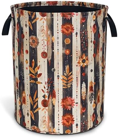 Flowers Print Boho Laundry Basket Foldable Oxford Cloth Hamper 18.9x16.5 In