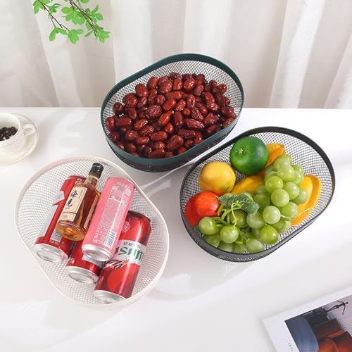 AJIODA Metal Mesh Steel Basket, Oval Metal Wire Storage Organizer Baskets Multi Functional Kitchen Baskets Countertop Fruit Baskets Garden Harvest Basket for Kitchen Picnic Decor Cabinet Home, Black