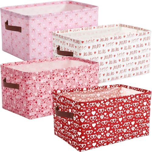 Boao 4 Pack Valentines Day Storage Baskets for Gifts Empty Collapsible Valentines Laundry Storage Bins with Handles Decorative Shelf Baskets Boxes for Home Bedroom Office Clothes Toys Containers