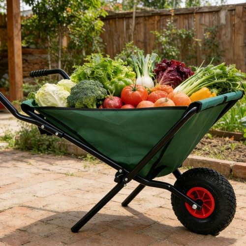 Collapsible Wheelbarrow,176 lbs Folding Yard Garden Wheelbarrow, Foldable Lightweight Gardening Heavy Duty Oxford Cloth Green Lawn Cart,10" Pneumatic Tire