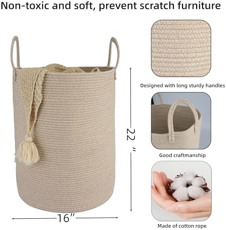 Woven Cotton Rope Laundry Basket Hamper, 16" x 22" Large Oatmeal | Rope storage basket for dirty clothes, toys and blankets. Perfect for bathroom, baby nursery and living room storage.