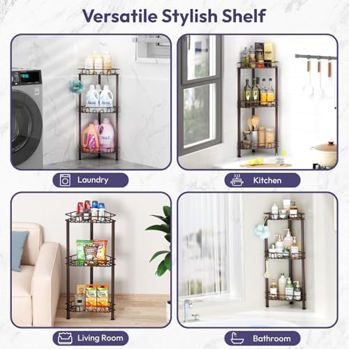 SWTYMIKI Standing Shower Caddy Corner - 3‑Tier Stainless Steel Shower Organizer Shelf with 12 Hooks and Adhesive Pads, Rustproof Corner Shelves Stand Rack for Bathroom Shower Room, Bronze