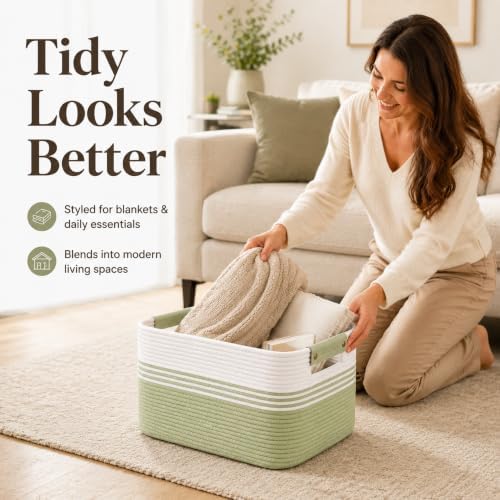19.2GAL Sturdy Large Laundry Basket with Handles for Bathroom, Dorm Dirty Clothes, Portable Aesthetic Boho Cute Woven Storage Blanket Baskets for Living Room Decor Girls Boys Pets Toys White Green