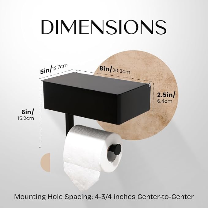 Day Moon™ Matte Black Toilet Paper Holder with Shelf & Wipe Storage, Bathroom Roll Holder with Built-in Wipe & Tampon Holder, Wall Mounted Flushable Wipe Dispenser