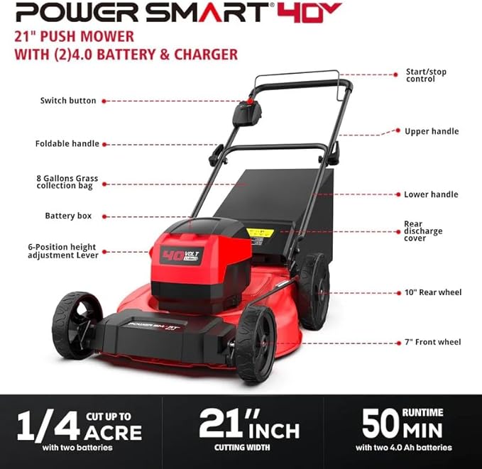 21 Inch/40V Cordless Walk-Behind Lawn Mower，2-in-1 Mulching Bagging,6 Adjustable Cutting Height,Foldable, 2 Batteries & Charger,Easy to Storge,for Garden, Patio, Lawn,Yard