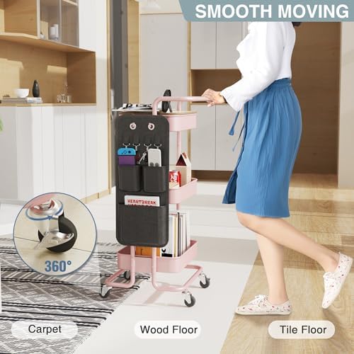 DTK 3-Tier Rolling Cart with Table Top, Metal Utility Cart with Side Bags | Tray Storage Organizer, Lockable Wheels, 4 Hooks, Art Cart for Kitchen, Bathroom, Office, Craft room, Living room, Pink